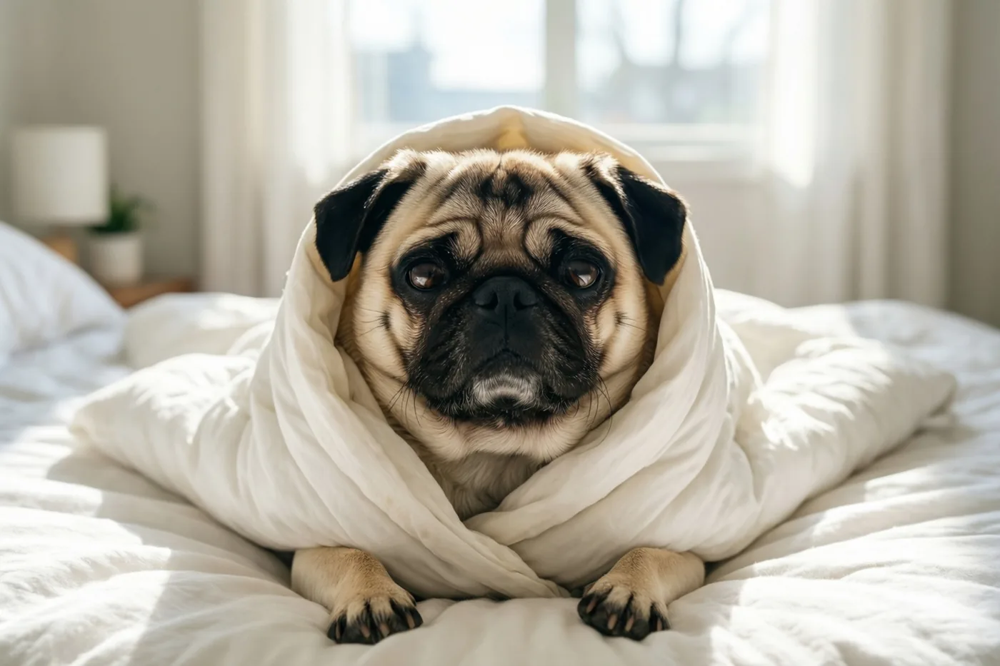 Een mopshond ligt als een burrito in een wit dekbed gewikkeld op een zonnig bed, in een lichte slaapkamer met daglicht door het raam.