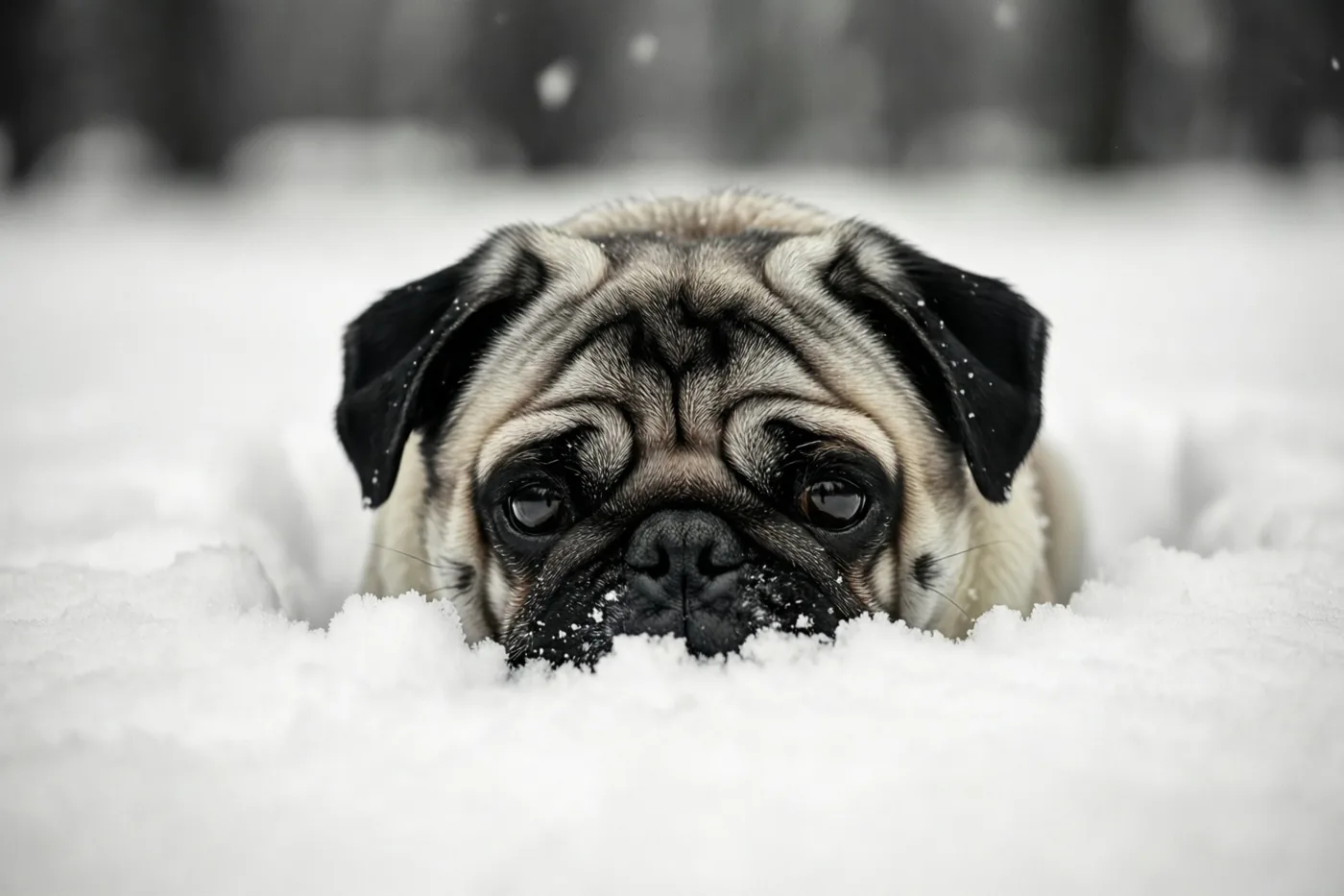 Een mopshond steekt met zijn gerimpelde snoet en oren uit een diepe sneeuwhoop tegen een wazige besneeuwde achtergrond.