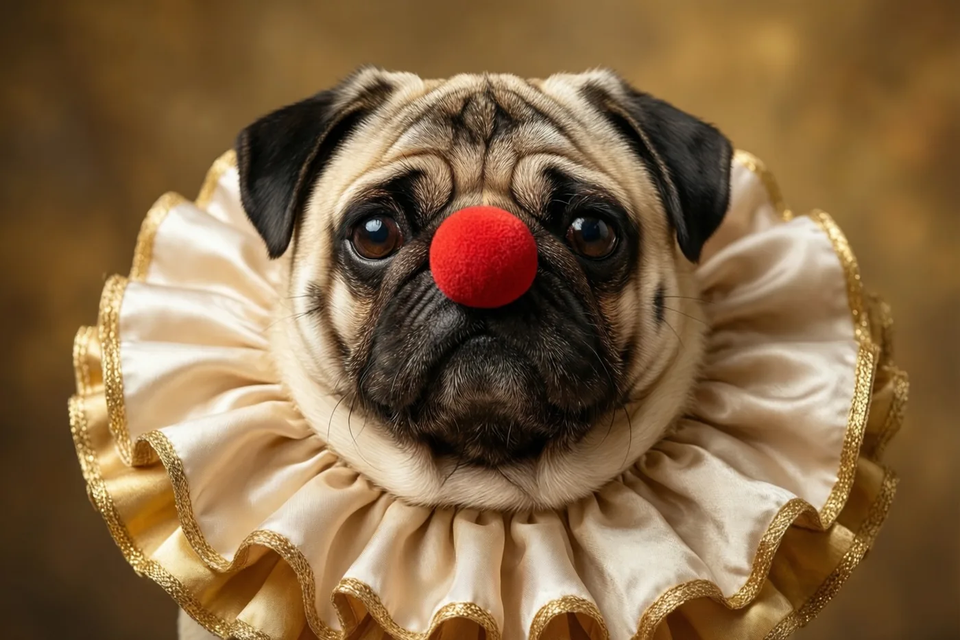 Een mopshond draagt een grote crèmekleurige kraag met plooien en gouden afwerking en een rode clownsneus tegen een onscherpe goudbruine achtergrond.