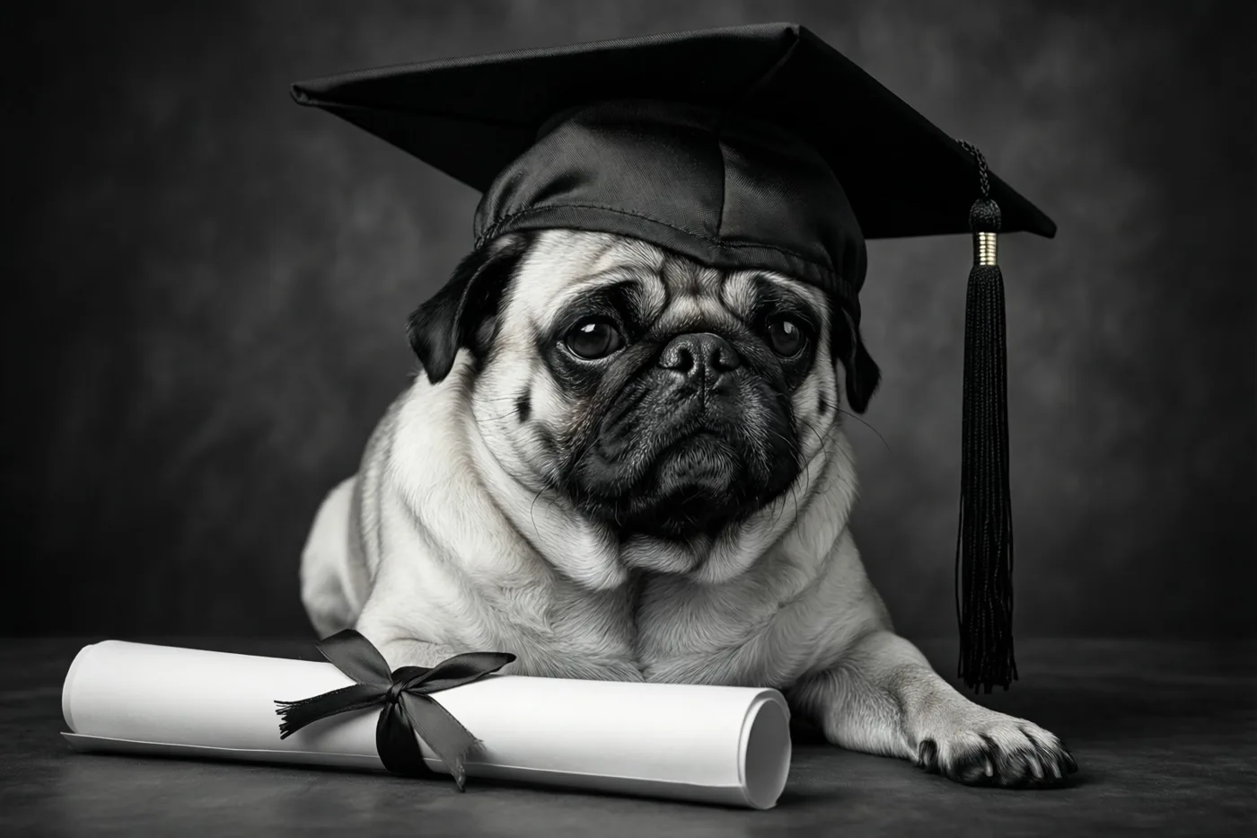 Op een zwart-witfoto ligt een mopshond met een afstudeerhoed met kwastje bij een opgerold diploma met lint, tegen een donkere achtergrond met textuur.