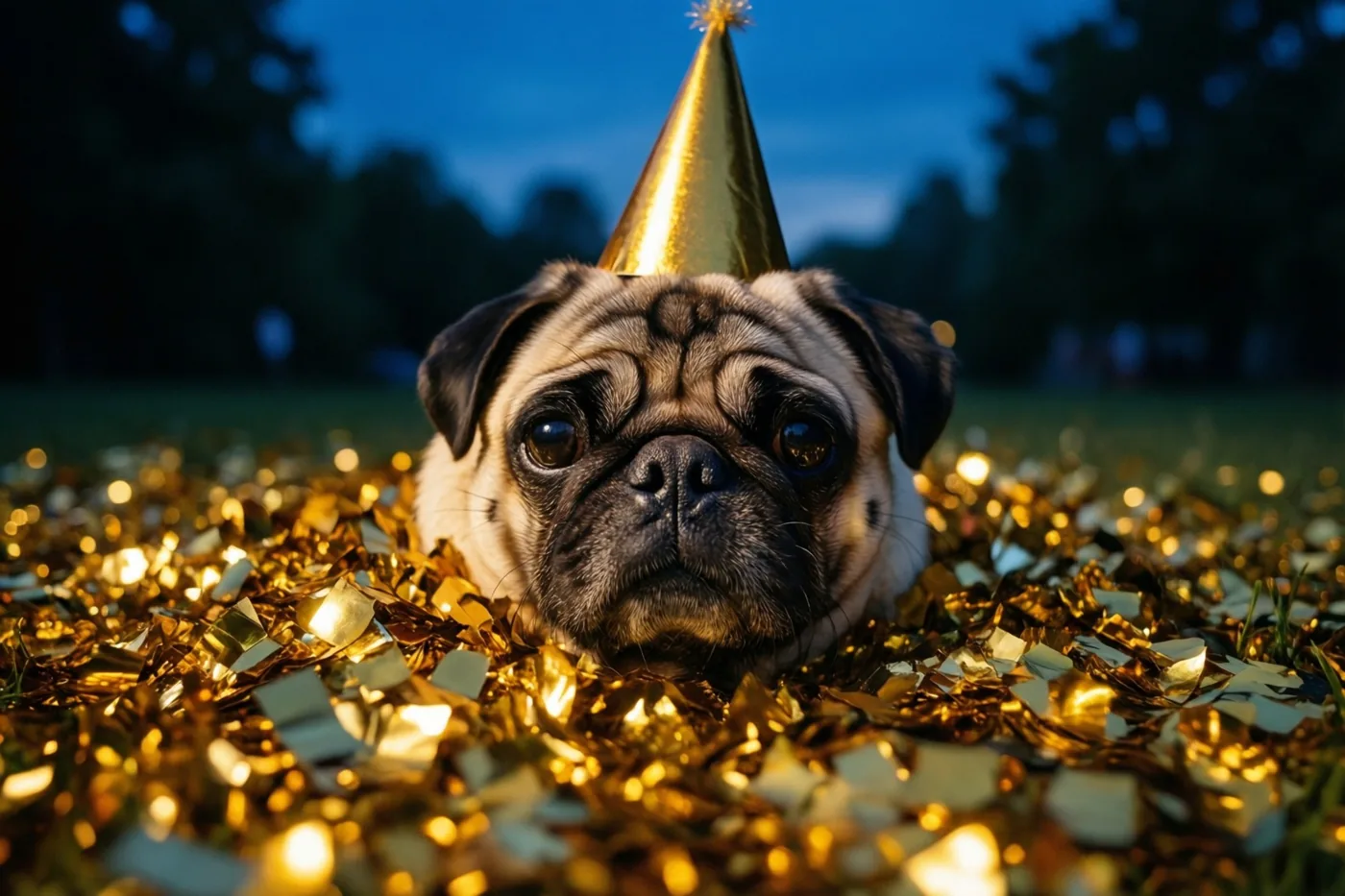 Een mopshond met een gouden feesthoedje ligt gedeeltelijk onder gouden confetti op gras, met een donkerblauwe schemerlucht op de achtergrond.