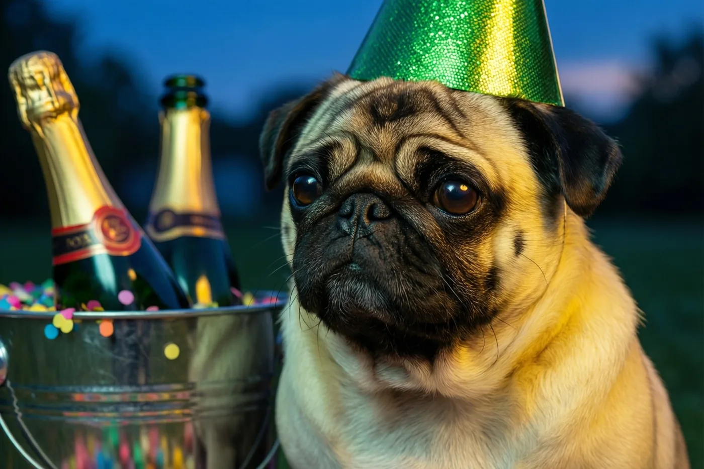 Een mopshond met een glanzend groen feesthoedje zit buiten naast een zilveren emmer met champagneflessen en kleurrijke confetti, tegen een blauwe schemerhemel.