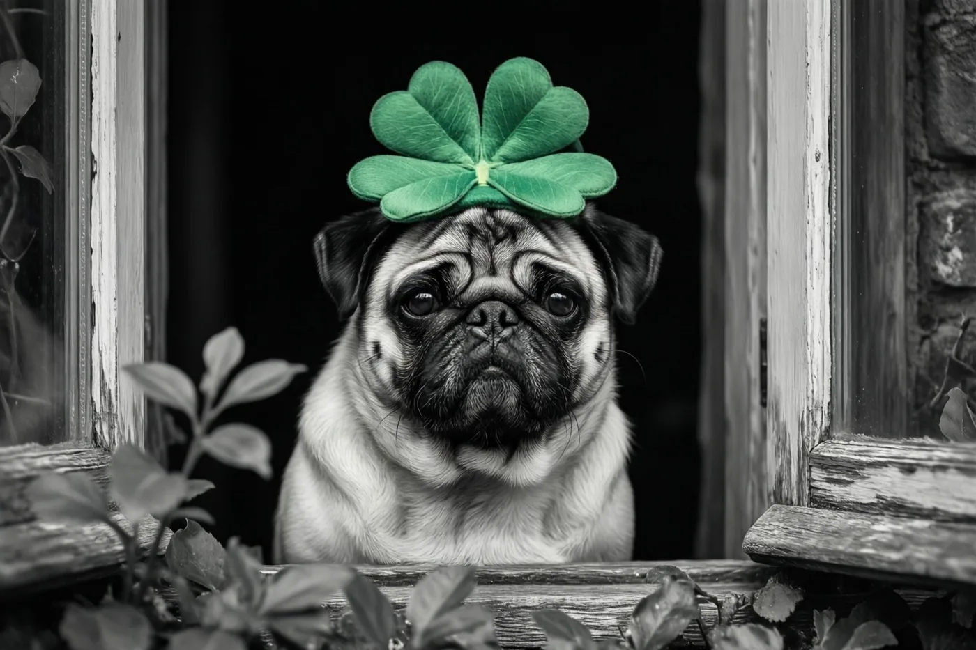 Een mopshond met een groene klavertjevierhoed kijkt uit een verweerd houten raam in een vrijwel zwart-witbeeld waarin de hoed felgroen kleurt.