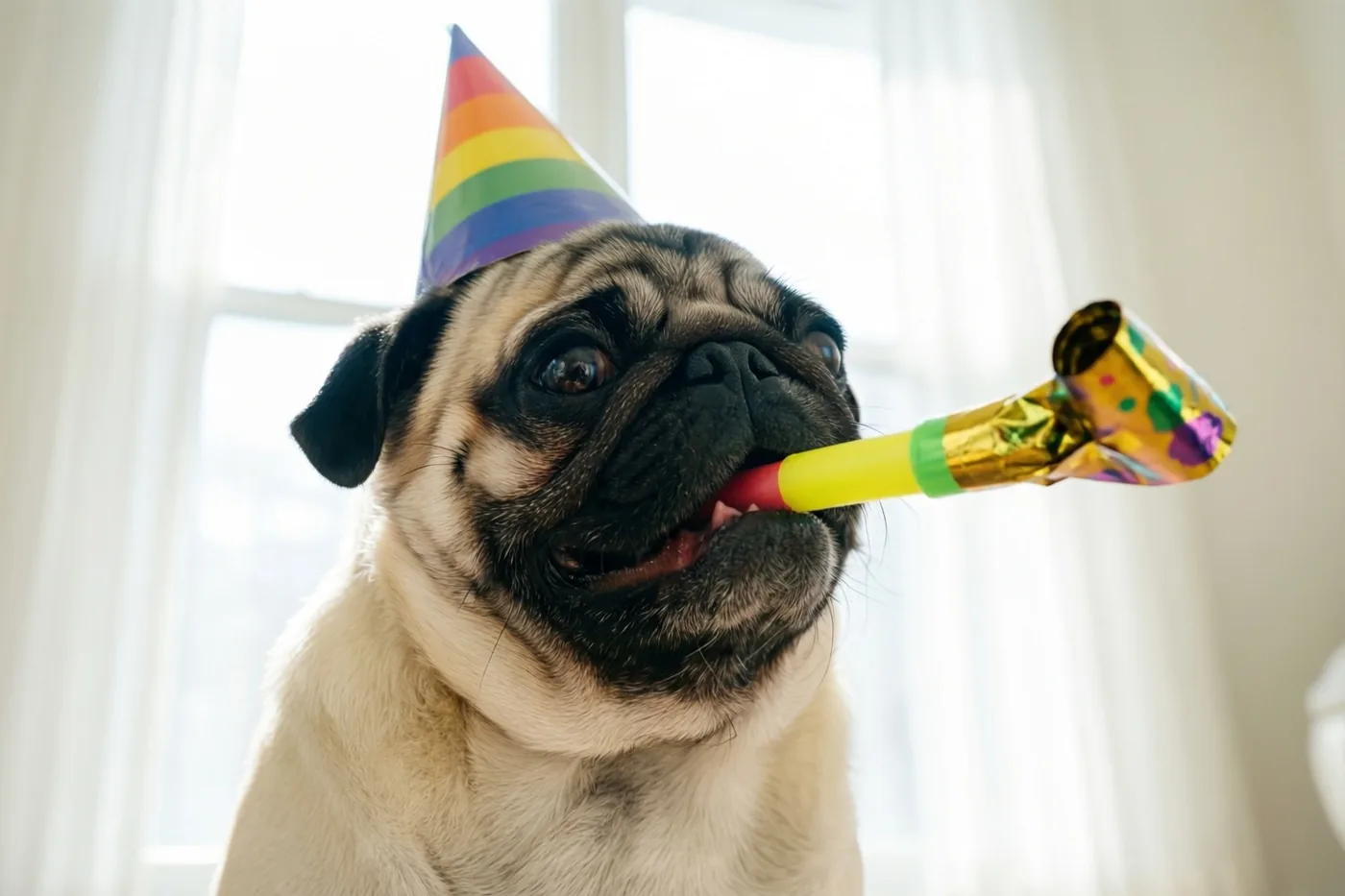 Een mopshond met een regenboogkleurig feesthoedje houdt een kleurrijke roltong in zijn bek, met helder raamlicht achter zich.