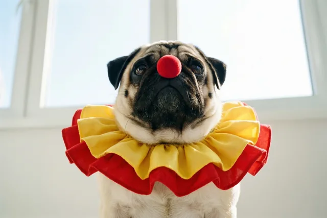 Mopshond met een clownsneus