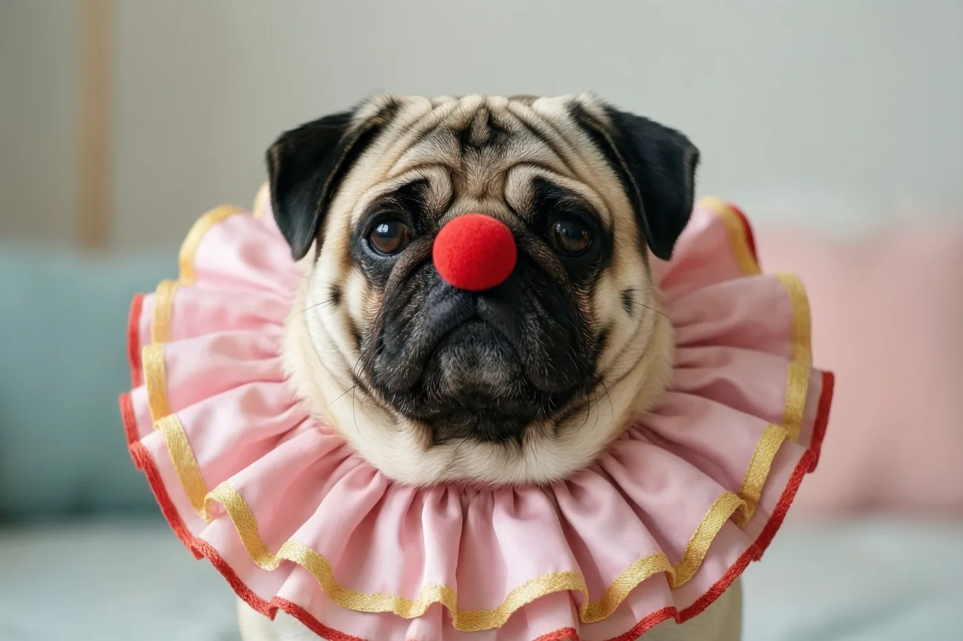 Een mopshond draagt een grote roze kraag met plooien en gouden en rode afwerking en een rode clownsneus in een binnenruimte met een onscherpe achtergrond.