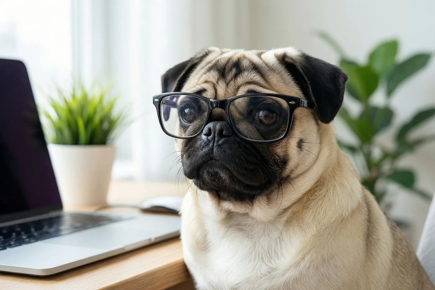 Een mopshond met een bril met zwart montuur zit aan een houten bureau naast een laptop en een potplant in zacht daglicht.