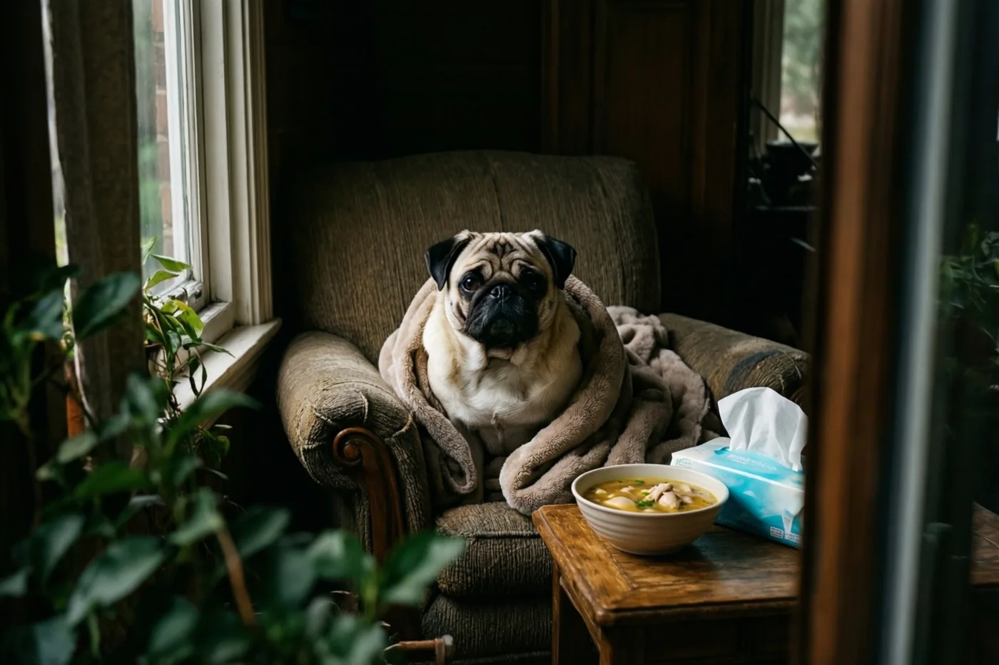 Een mopshond zit gewikkeld in een fleecedeken in een versleten fauteuil bij een raam, naast een houten tafeltje met kippensoep en een doos zakdoekjes.