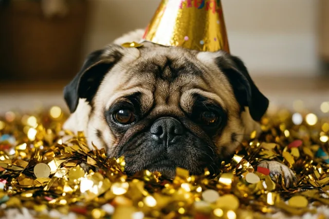 Mopshond verdwaald in nieuwjaarsconfetti