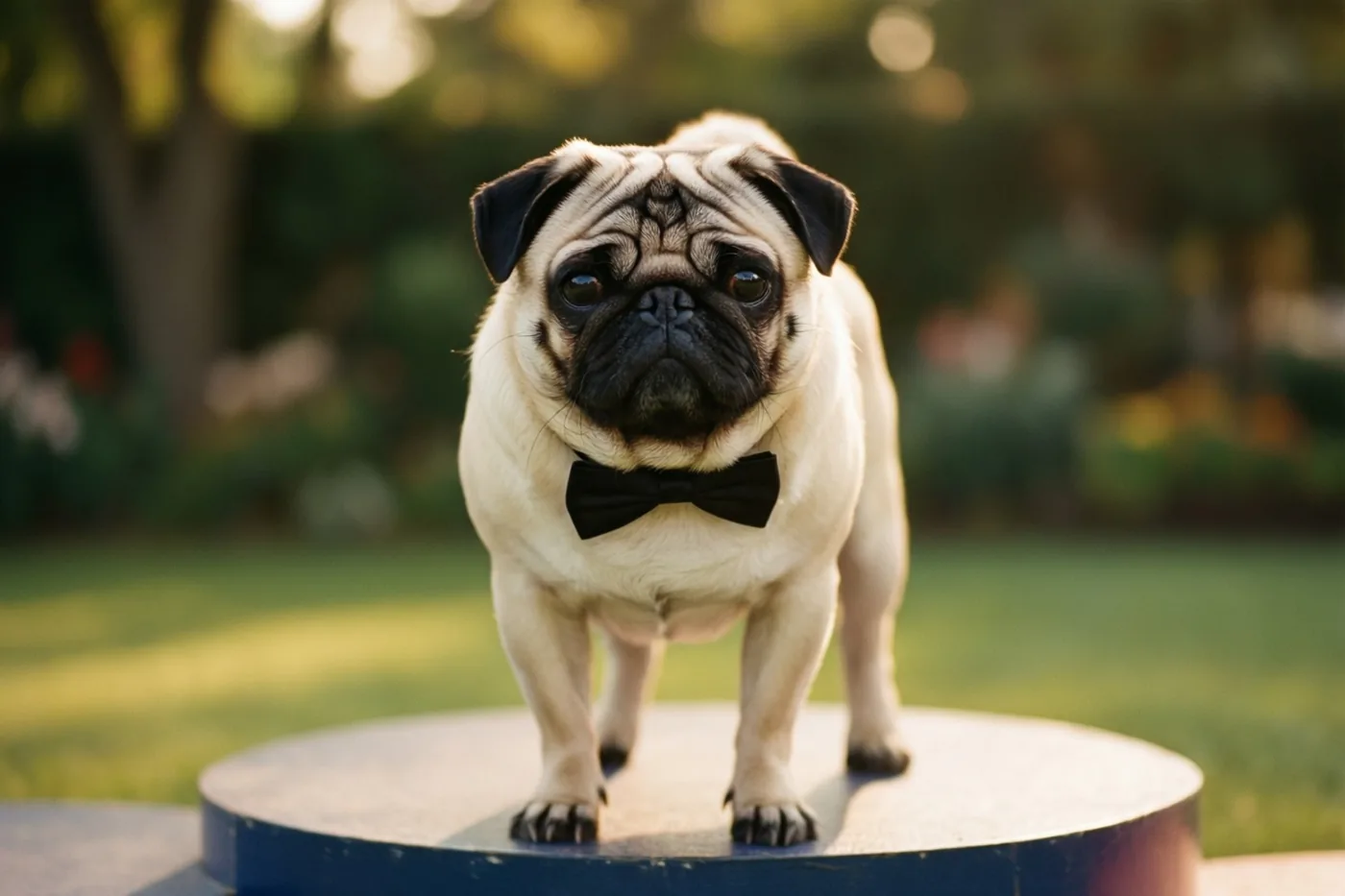 Een mopshond met een zwart strikje staat op een rond blauw podium in een zonnige tuin met een zacht vervaagde achtergrond.