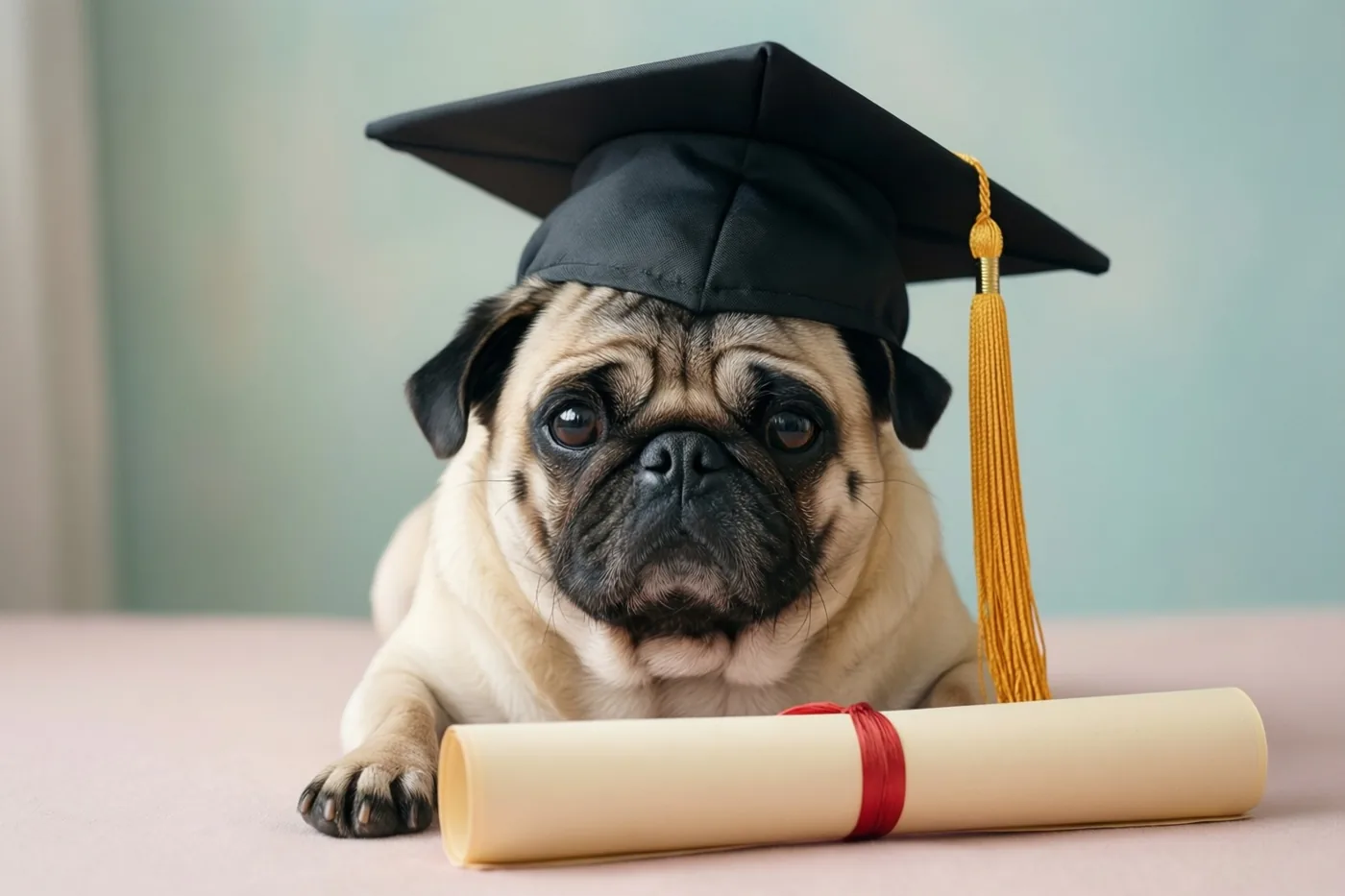 Een mopshond met een zwarte afstudeerhoed met geel kwastje ligt op een roze oppervlak met een opgerold diploma met rood lint voor zich, tegen een onscherpe lichtblauwe muur.