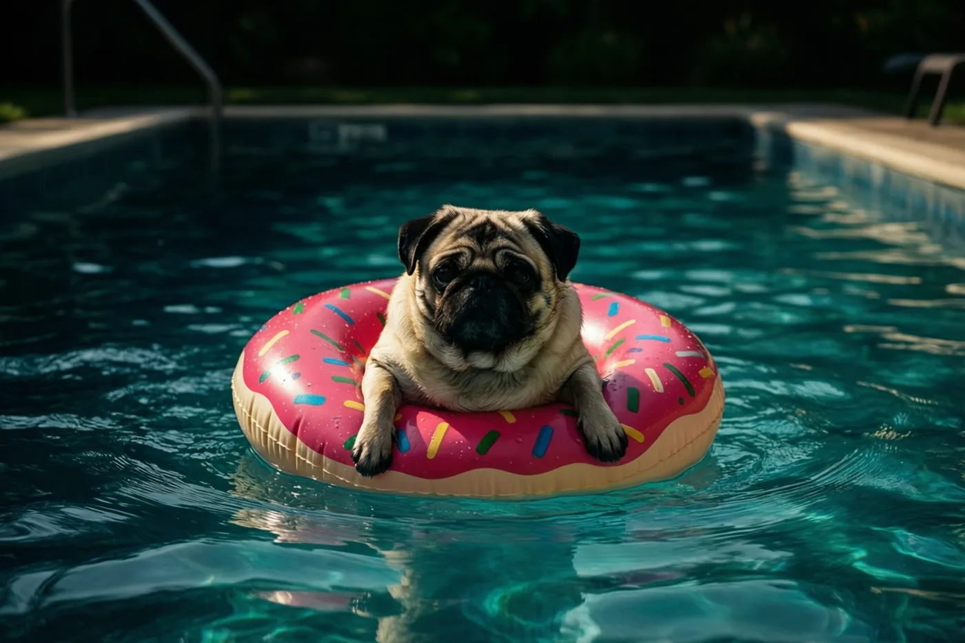 Een mopshond drijft op een roze opblaasbare donut in een buitenzwembad met helderblauw water en een donkere achtergrond.