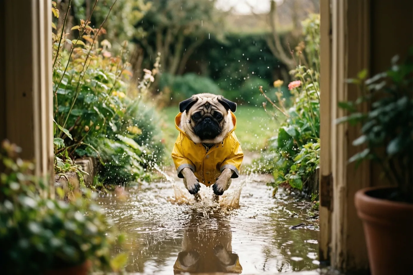 Een mopshond in een gele regenjas springt in een modderplas op een tuinpad, met opspattend water, houten deuropeningen en weelderig groen rondom.