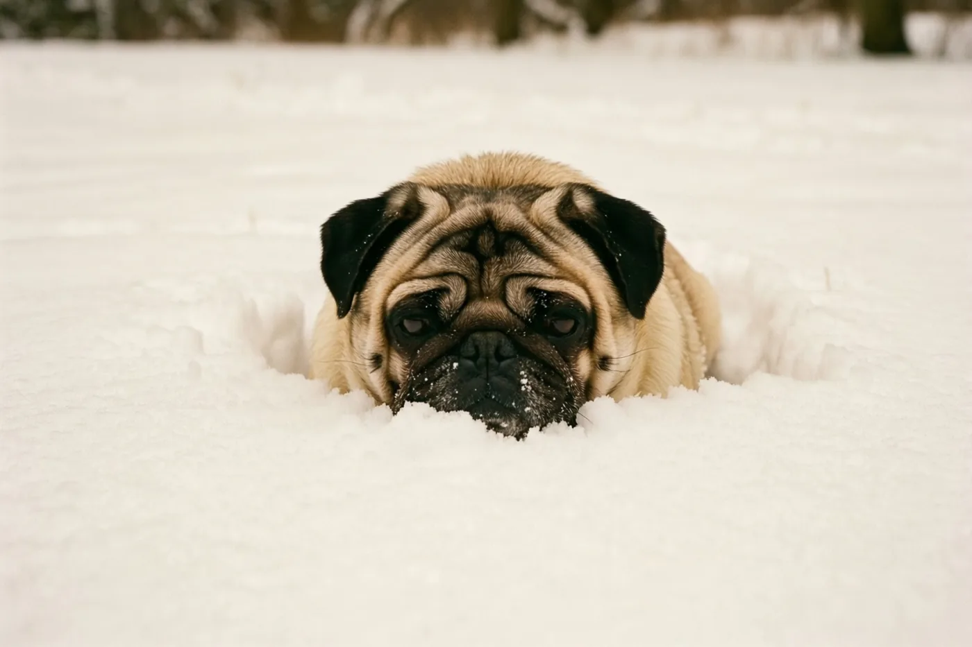 Een mopshond zit gedeeltelijk in diepe sneeuw, met alleen zijn gerimpelde snoet en oren zichtbaar.
