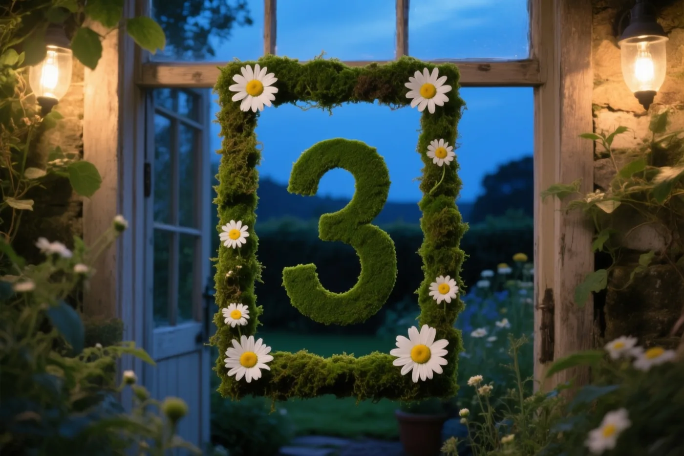 Een cijfer 3 van groen mos staat in een moskader met witte madeliefjes in een tuin bij schemering, verlicht door warme lantaarns onder een blauwe avondlucht.
