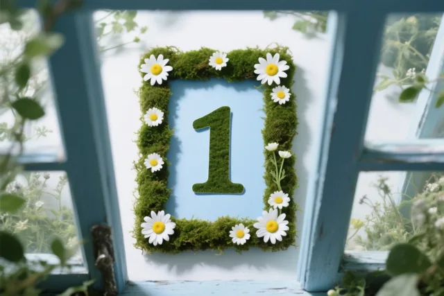 Een uit mos gesneden cijfer 1 met madeliefjes staat tegen een lichtblauwe achtergrond, gezien door een landelijk blauw raamkozijn met groen.