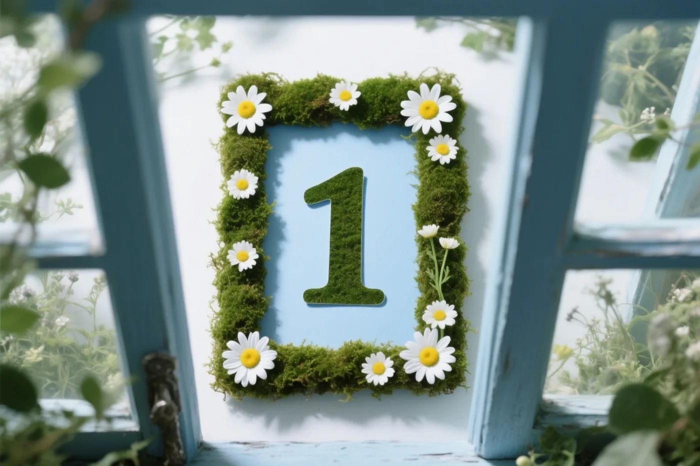 Een uit mos gesneden cijfer 1 met madeliefjes staat tegen een lichtblauwe achtergrond, gezien door een landelijk blauw raamkozijn met groen.