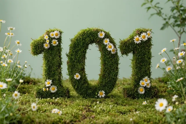 Het getal 101 van zachtgroen mos is versierd met witte madeliefjes tegen een gedempte groene achtergrond in een landelijke tuin.