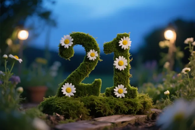 Het getal 21 is gemaakt van groen mos en versierd met witte madeliefjes in een tuin bij schemering, met een blauwe avondlucht en warme tuinlichtjes.
