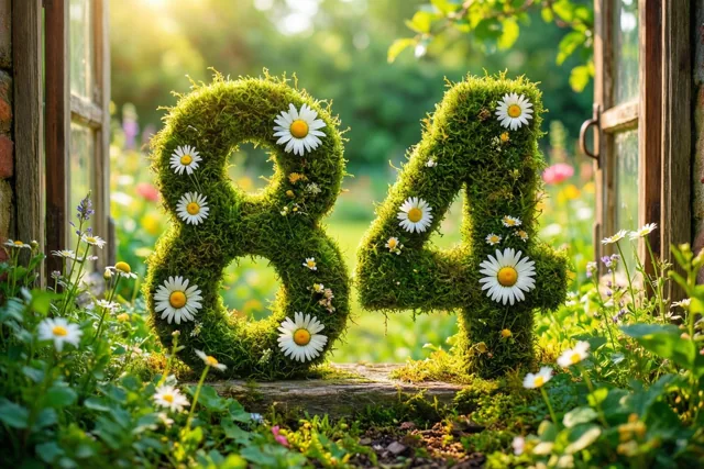 Een raamwerk van groen mos vormt 84 met witte madeliefjes in een rustieke tuin met houten raamkozijnen en zonbeschenen bladeren.