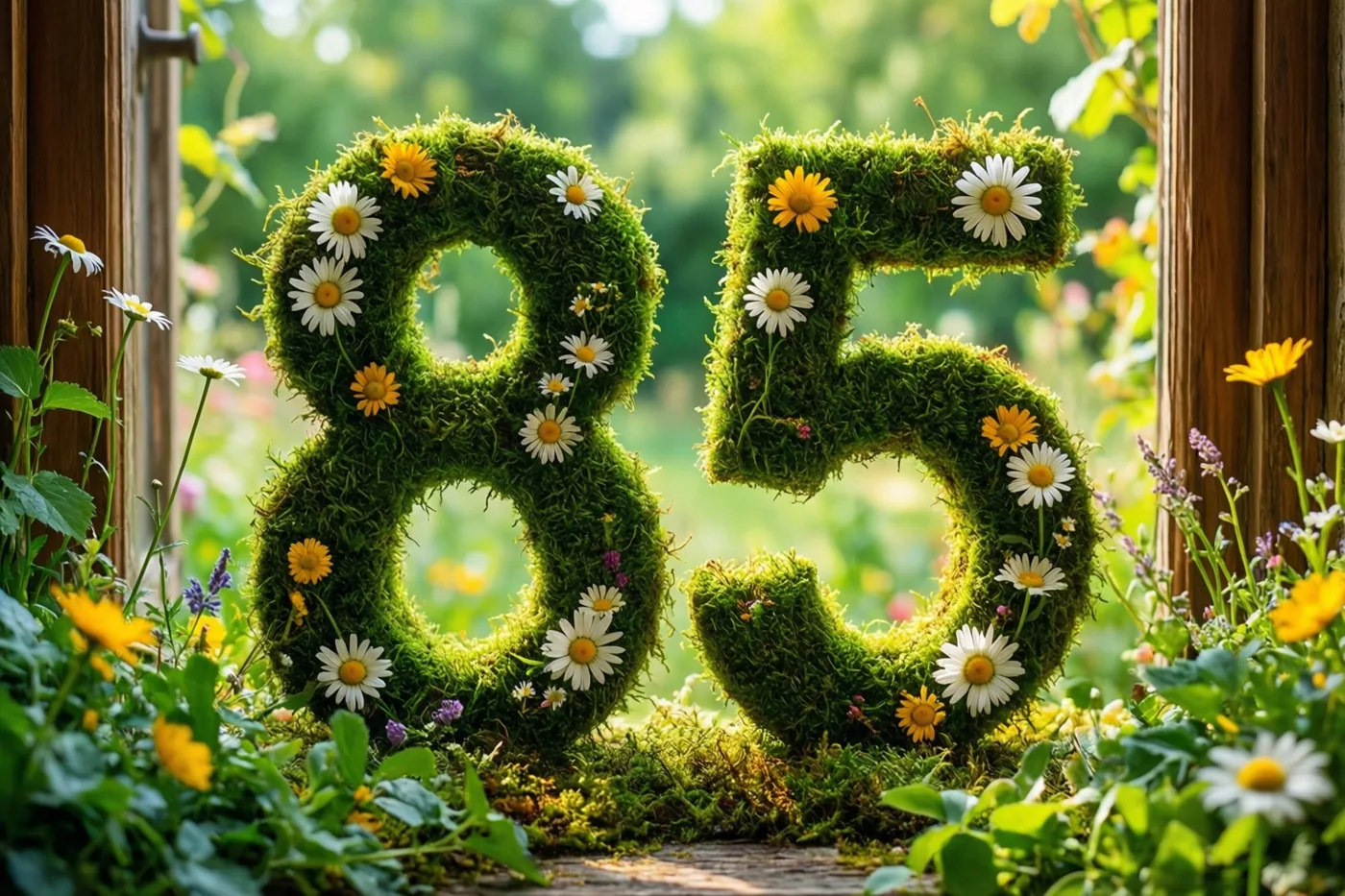 Door een houten raam is 85 van groen mos te zien, versierd met witte en gele madeliefjes in een landelijke tuin.