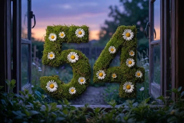 Door een open raam is het getal 54 van groen mos met witte madeliefjes te zien in een landelijke tuin in zacht avondlicht.