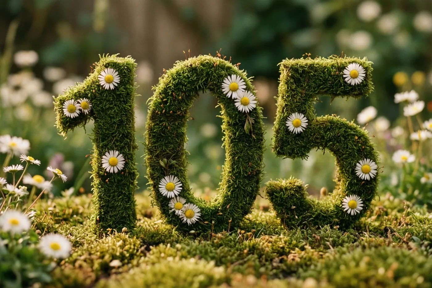 Het getal 105 is gevormd uit mos en versierd met madeliefjes in een landelijke tuin, met onscherp groen en bloemen op de achtergrond.