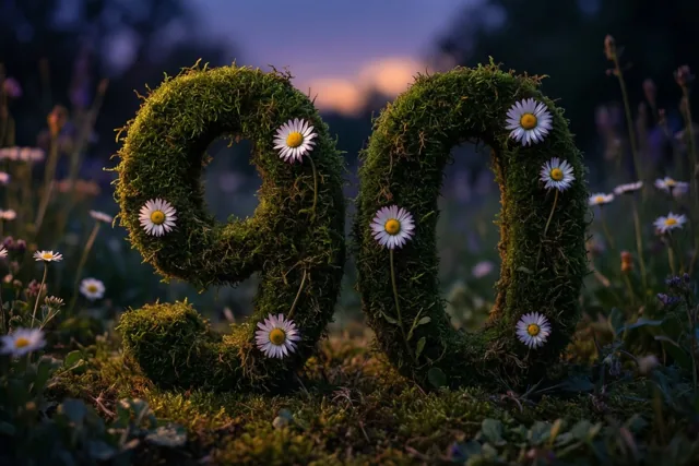 Een met mos bekleed frame in de vorm van 90, versierd met madeliefjes, staat in een landelijke tuin bij schemering onder een paarsoranje lucht.