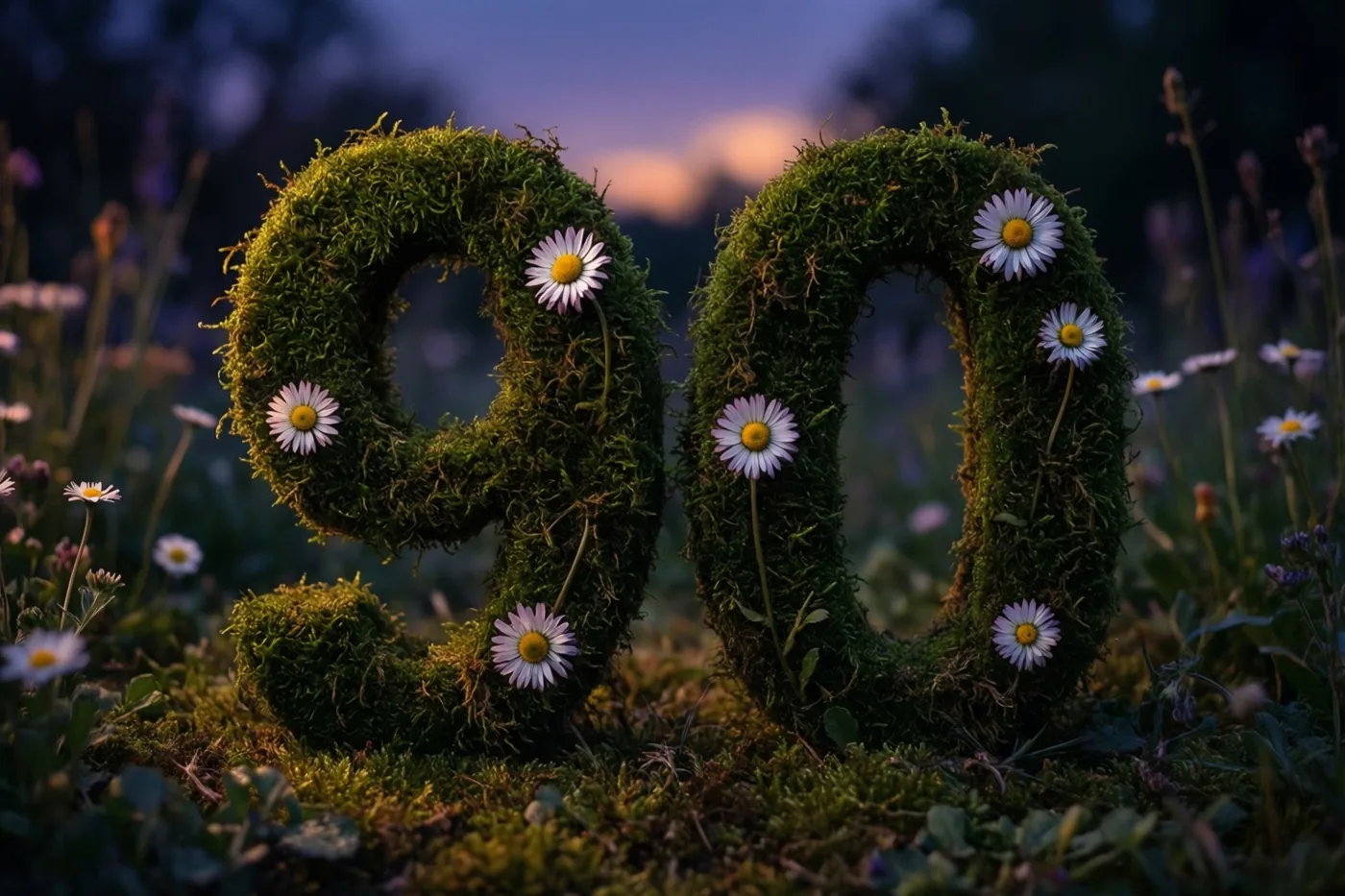 Een met mos bekleed frame in de vorm van 90, versierd met madeliefjes, staat in een landelijke tuin bij schemering onder een paarsoranje lucht.