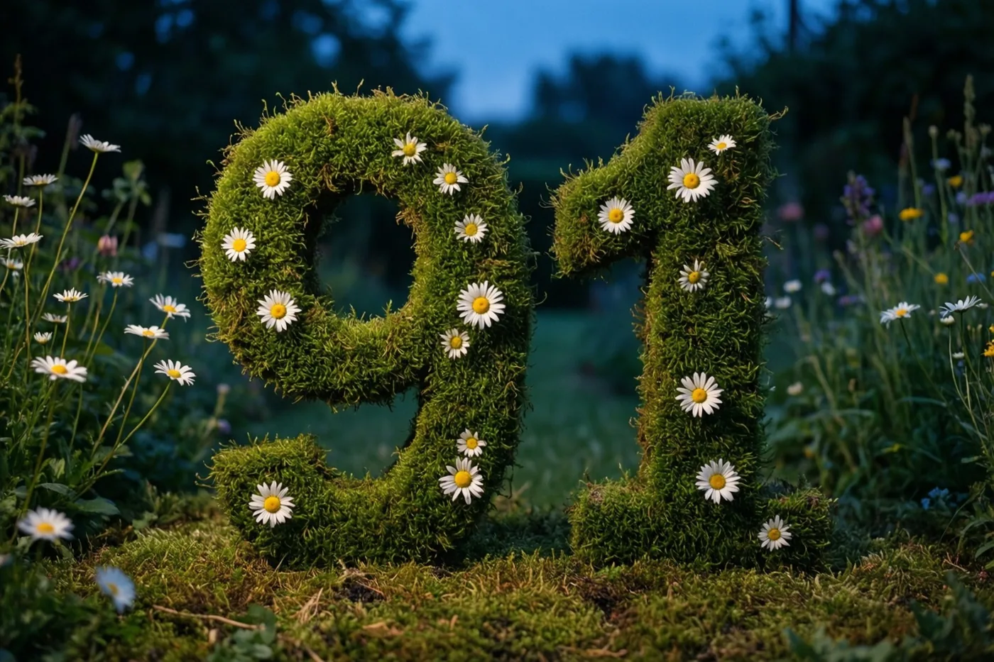 Een groen mosframe vormt 91 met witte madeliefjes in een landelijke tuin bij schemering, in zachte blauwe en groene tinten.