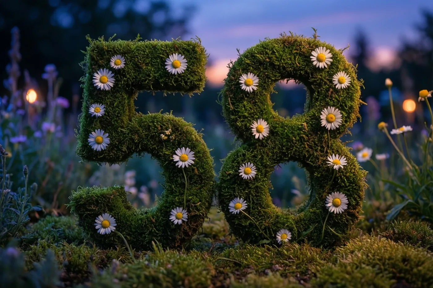 Een met mos begroeid raamwerk vormt 58 met madeliefjes in een landelijke tuin, met blauwe en paarse schemertinten en warme lichtjes op de achtergrond.