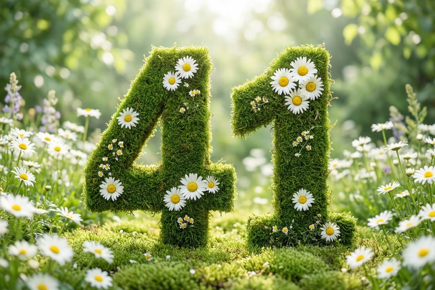 Een weelderig groen mosframe vormt 41 met witte madeliefjes in een zonnige landelijke tuin.