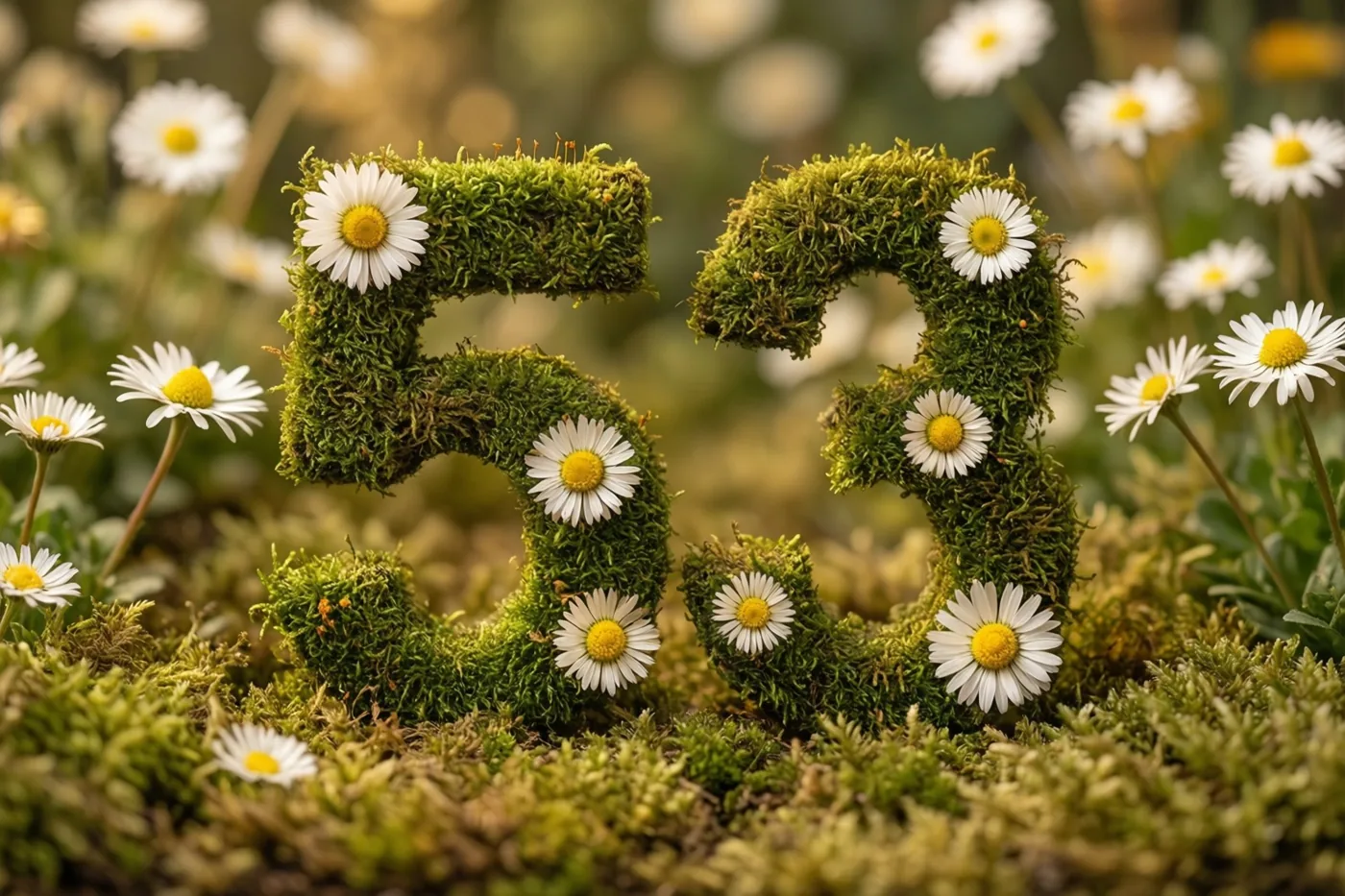 Het getal 53 van groen mos is versierd met witte madeliefjes in een landelijke tuin met onscherpe bloemen op de achtergrond.