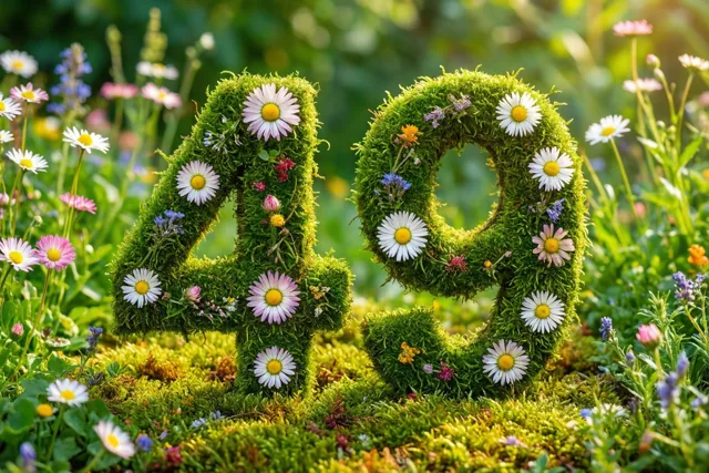 Een weelderig groen mosframe vormt 49 en is versierd met madeliefjes in een landelijke tuin.
