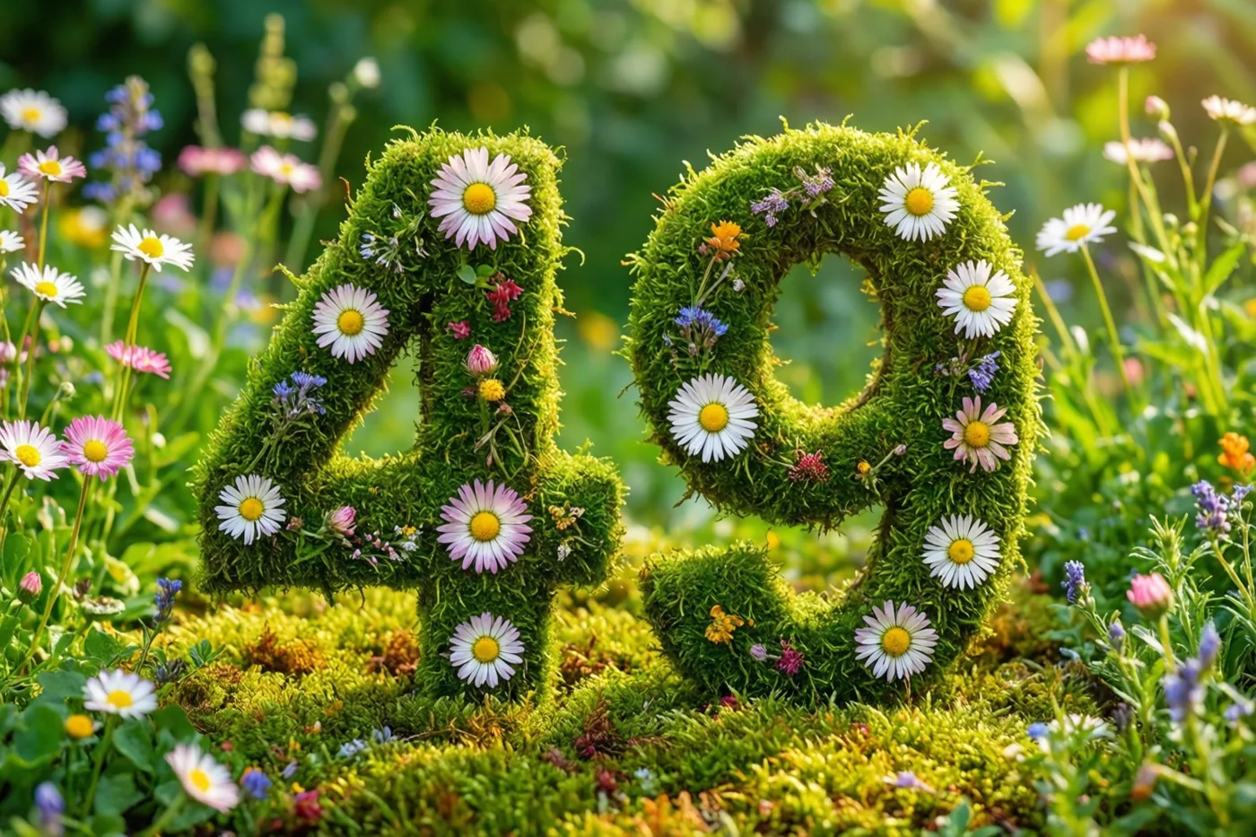 Een weelderig groen mosframe vormt 49 en is versierd met madeliefjes in een landelijke tuin.