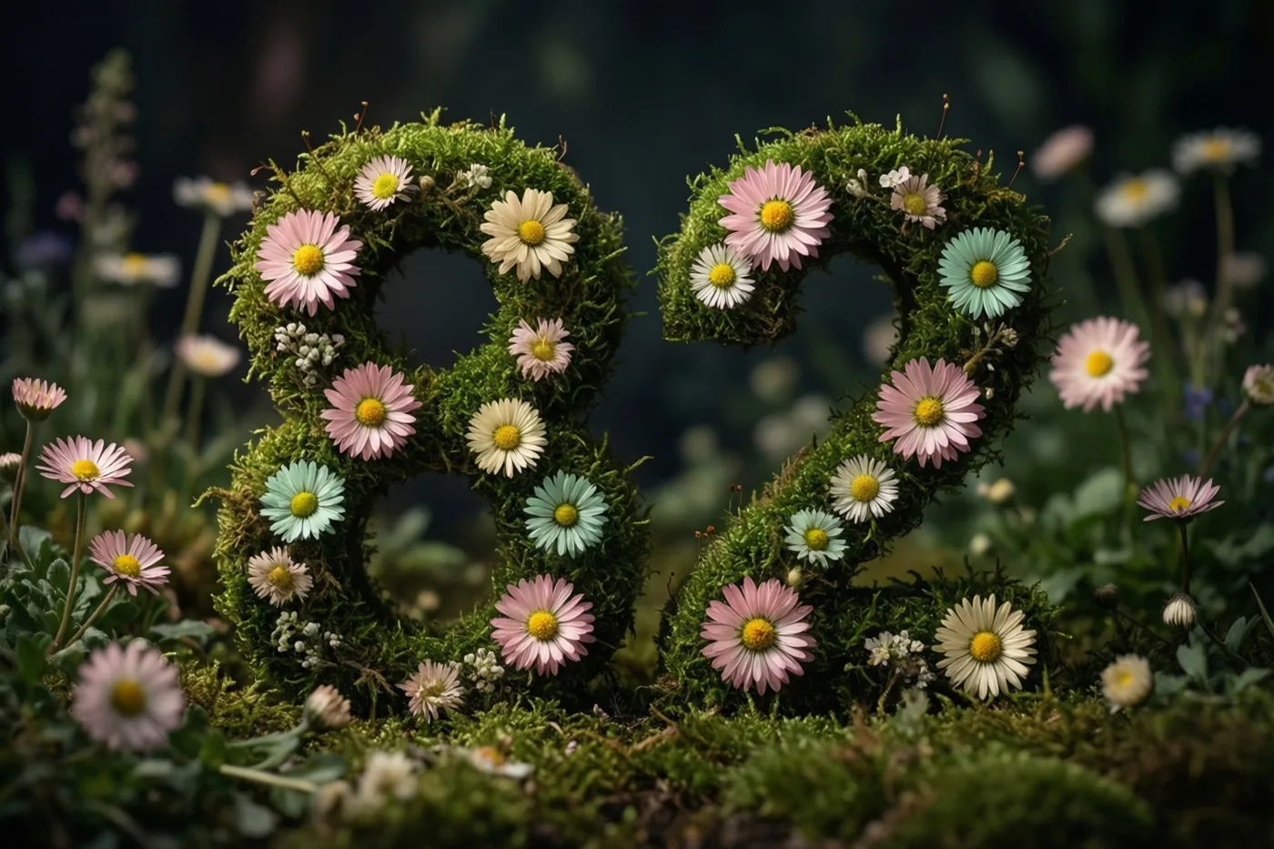 Een met mos bedekt frame vormt 82 met kleurrijke madeliefjes in pasteltinten, in een landelijke tuin tegen een donkere onscherpe achtergrond.