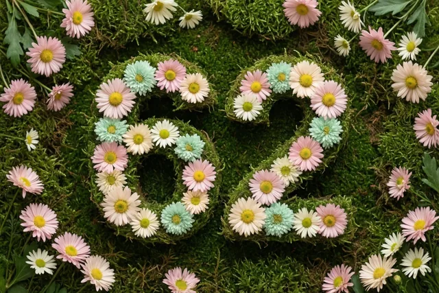 Een mossig groen raamwerk in de vorm van 62 is versierd met roze, witte en mintgroene madeliefjes in een landelijke tuin.
