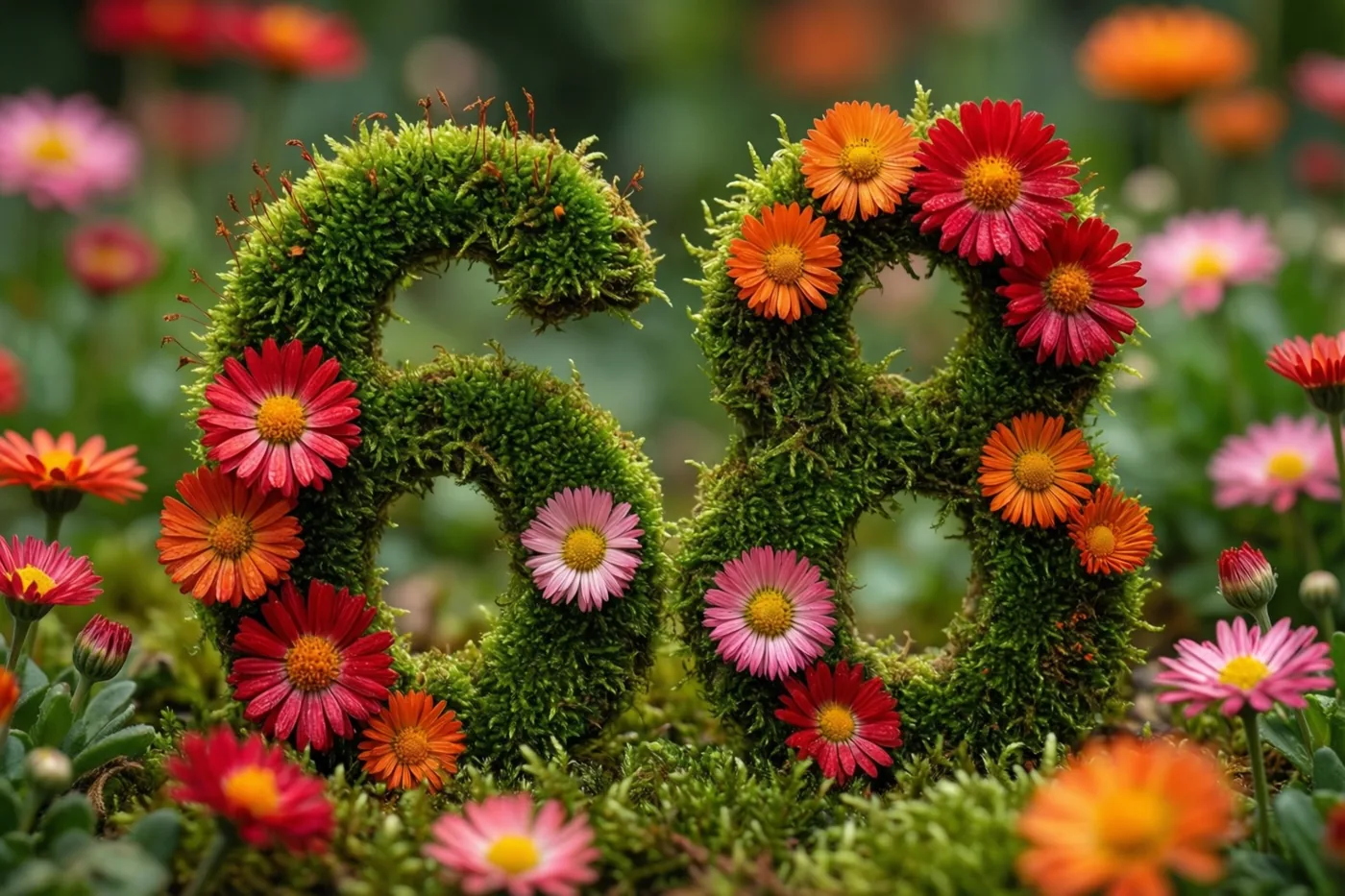 Een groen mosframe in de vorm van 68 is versierd met rode, oranje en roze madeliefjes in een landelijke tuin met een zacht vervaagde groene achtergrond.