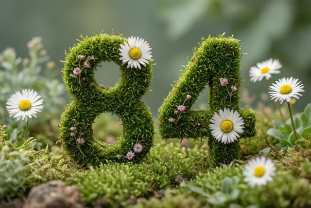 Een raamwerk van groen mos vormt 84, versierd met witte madeliefjes en kleine roze bloemen in een rustieke tuin met onscherp groen achteraan.