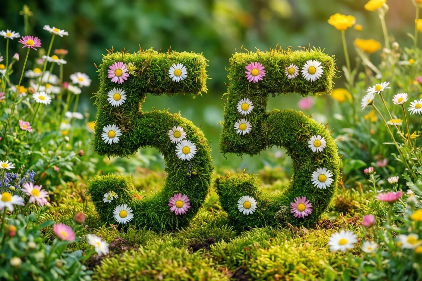 Een groen mosraamwerk in de vorm van 55 is versierd met witte en roze madeliefjes, met onscherpe veldbloemen en groen op de achtergrond.