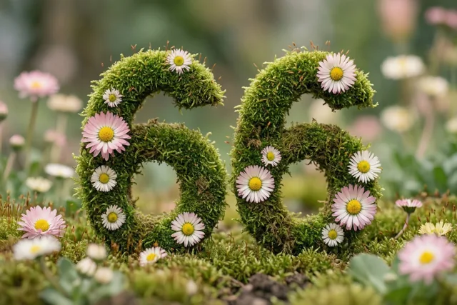 Een groen mosframe vormt het getal 66 en is versierd met roze en witte madeliefjes, met bloemen en gebladerte onscherp op de achtergrond in een landelijke tuin.