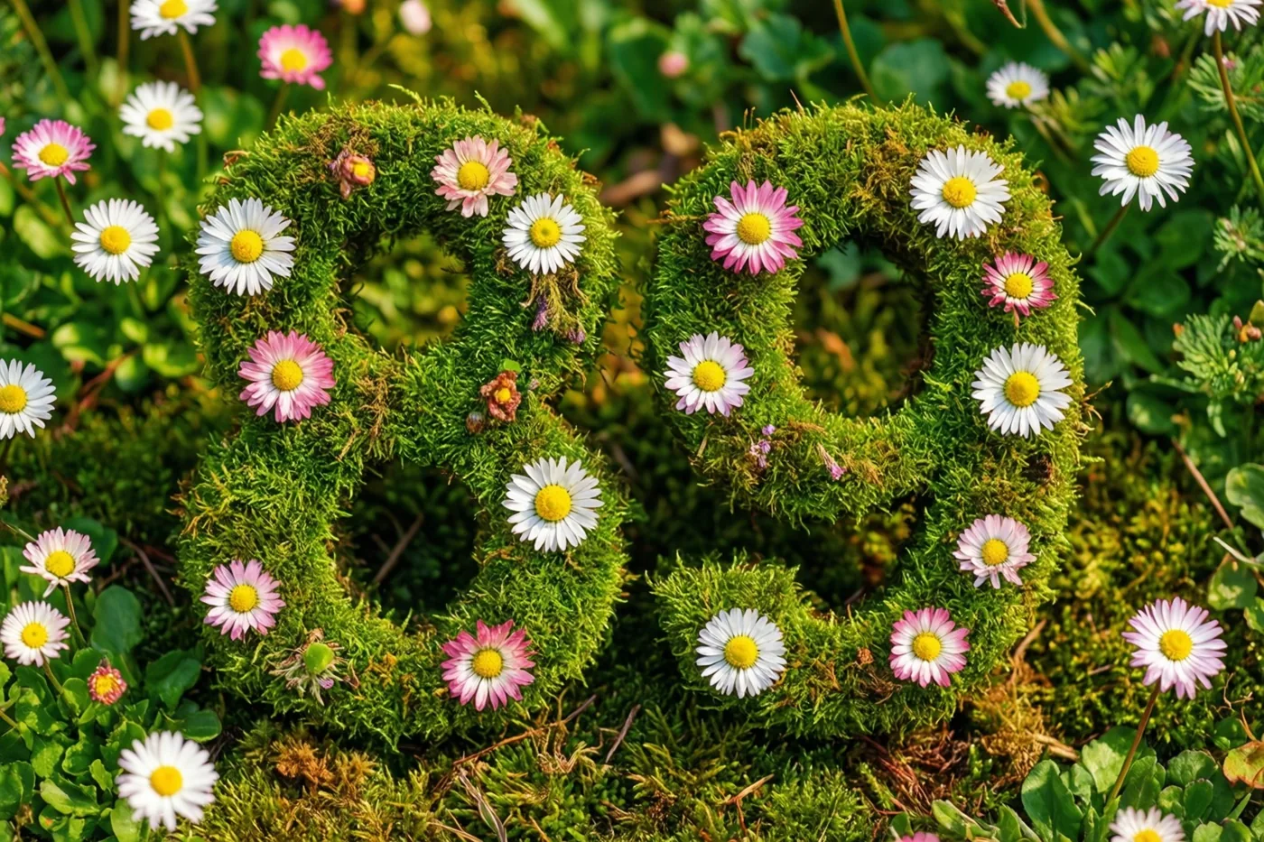 Het getal 89 is gemaakt van een groen mosframe met witte en roze madeliefjes, omringd door bladeren in een landelijke tuin.