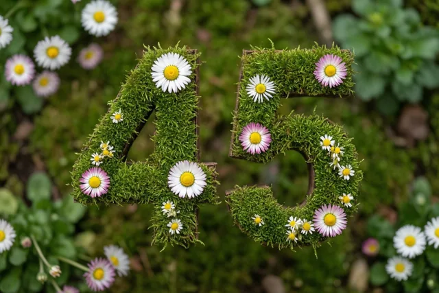 Het getal 45 van groen mos is versierd met witte en roze madeliefjes tegen een onscherpe tuinachtergrond.