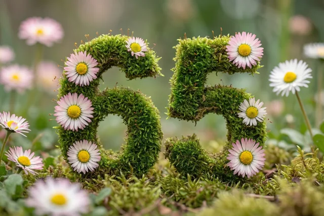Een groen mosraamwerk vormt 65 en is versierd met roze en witte madeliefjes in een landelijke tuin met zachte groene en gele tinten.
