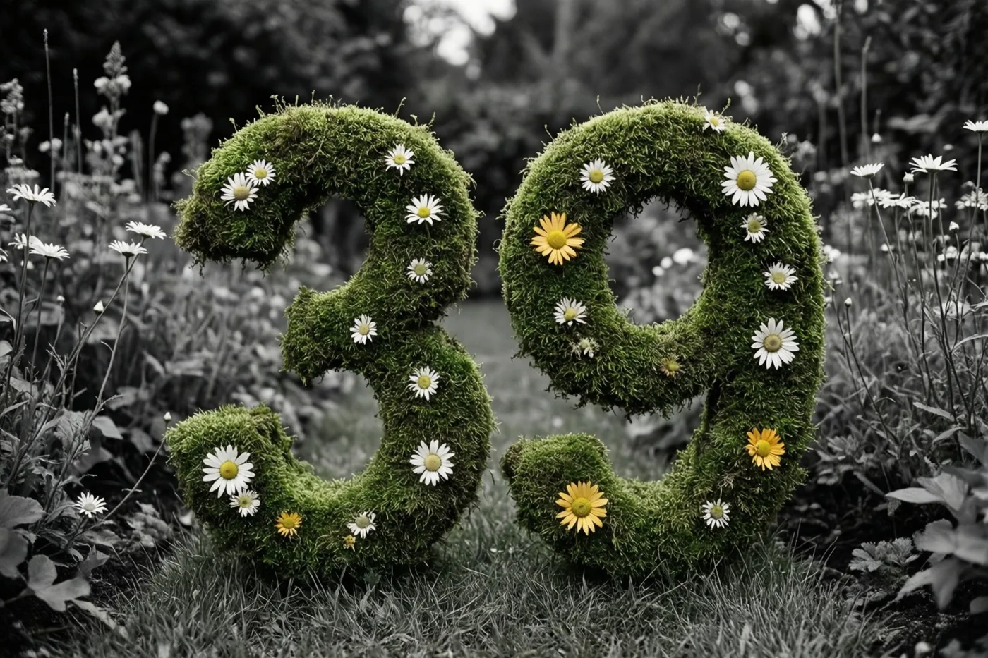 Een groen mosframe vormt 39 en is versierd met witte en gele madeliefjes in een landelijke tuin met een zwart-witte achtergrond.
