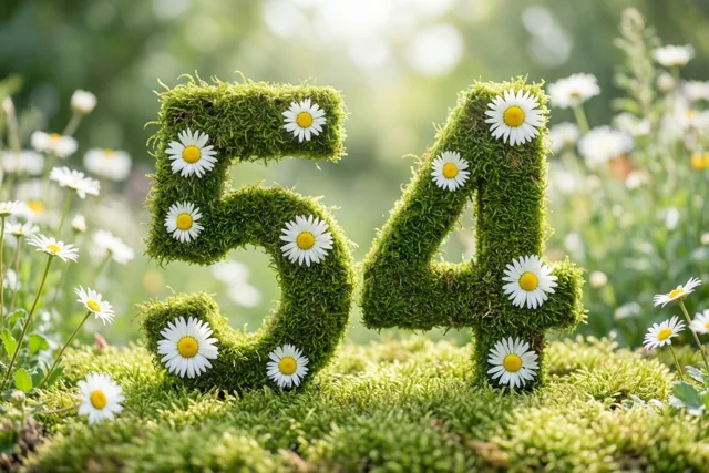Het getal 54 is gemaakt van groen mos en versierd met witte madeliefjes in een zonnige tuin met onscherpe bloemen op de achtergrond.
