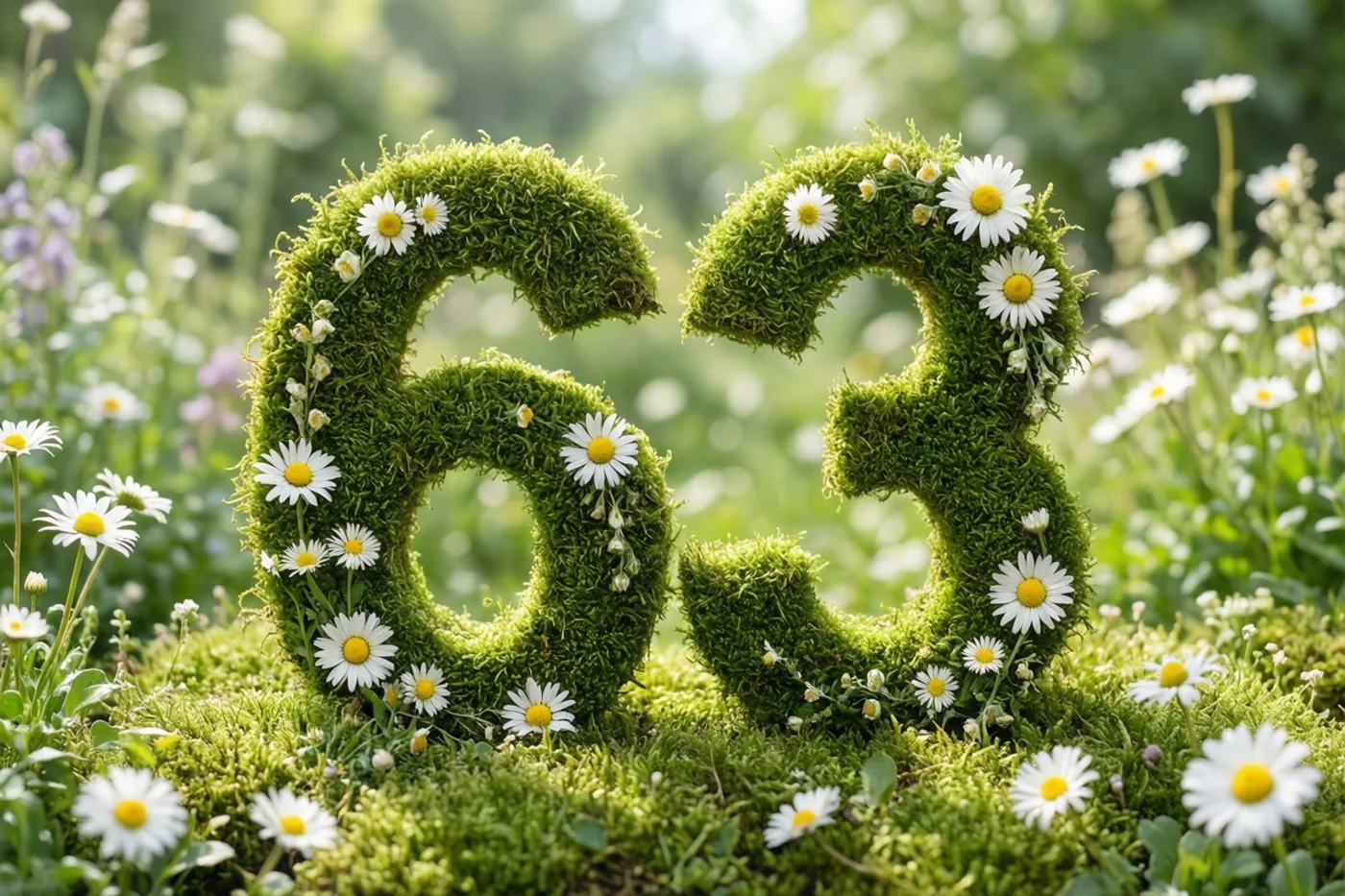 Een groen raamwerk van mos in de vorm van 63 is versierd met witte madeliefjes met gele hartjes, tegen een zachte onscherpe tuinachtergrond.