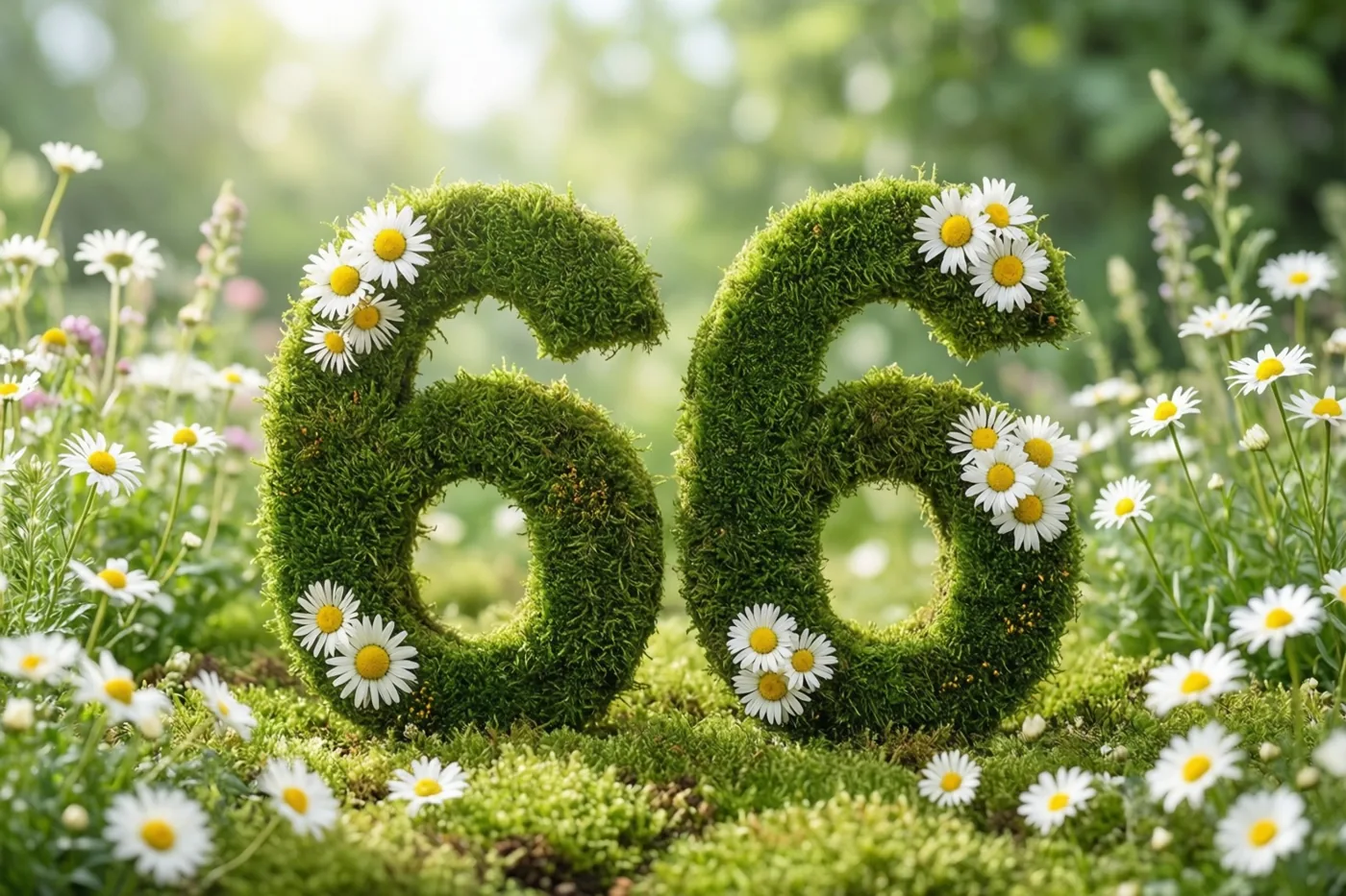 Een weelderig groen mosframe vormt het getal 66 met witte madeliefjes in een landelijke tuin, in zacht daglicht tegen een onscherpe groene achtergrond.