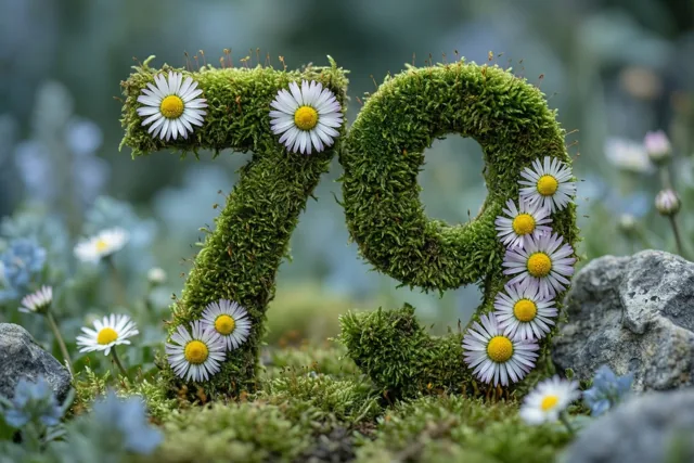 Een weelderig groen frame van mos vormt het getal 79 en is versierd met witte madeliefjes in een landelijk aandoende tuin met zacht licht.