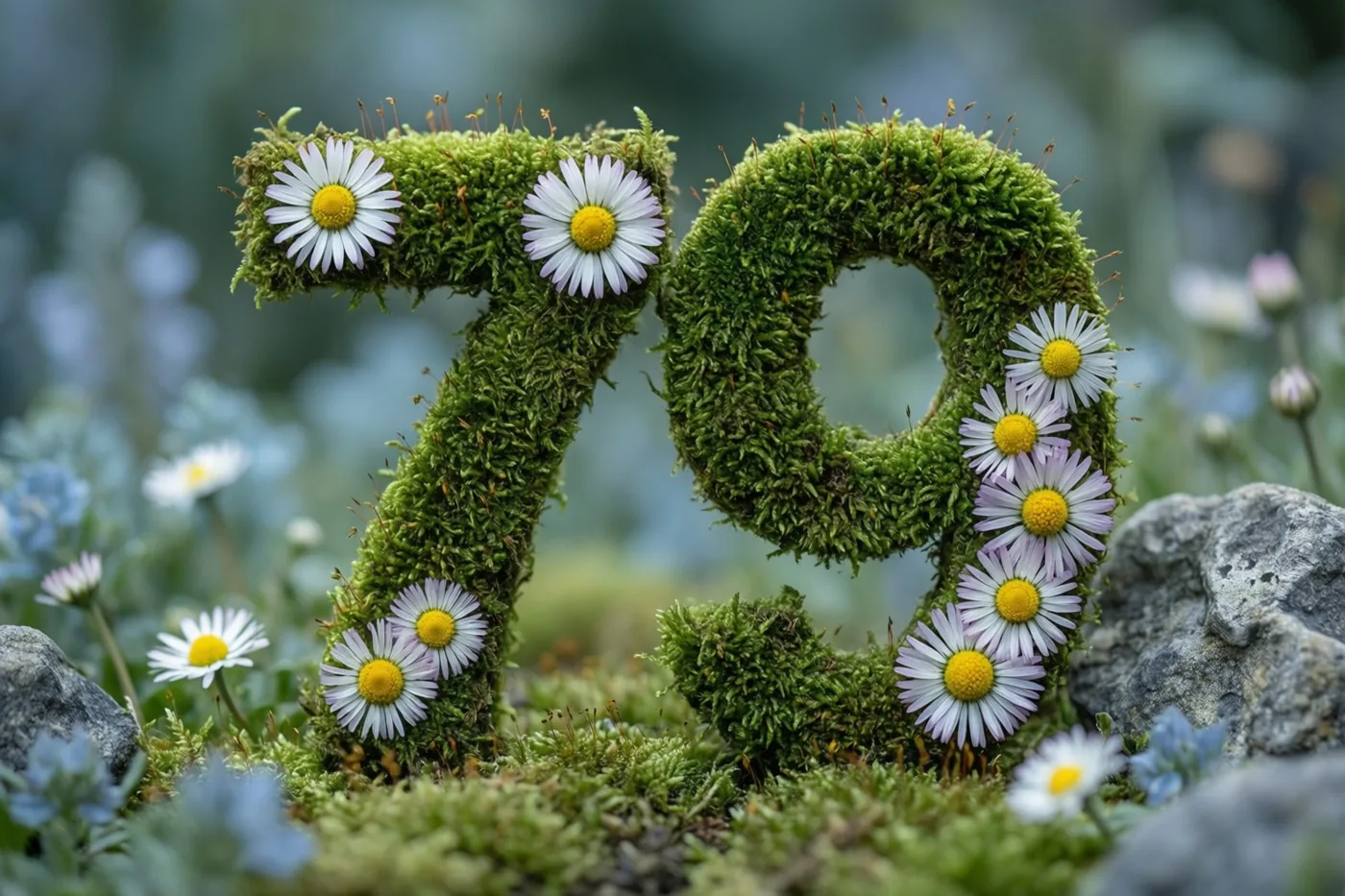 Een weelderig groen frame van mos vormt het getal 79 en is versierd met witte madeliefjes in een landelijk aandoende tuin met zacht licht.